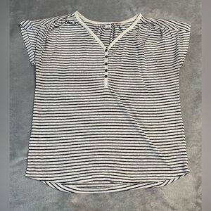 Old Navy Striped Black and White Linen-Blend Henley Top
